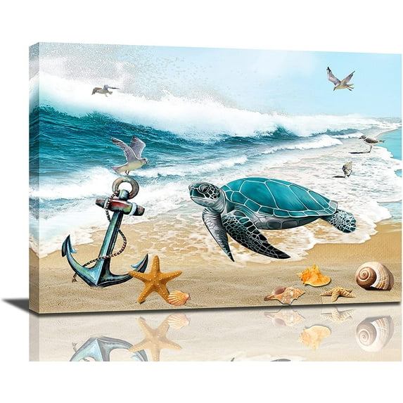 Sea Turtle Bathroom Wall Art Coastal Beach Ocean Decor Canvas for Wall Turtle Pictures Painting Artwork for Bedroom Living Room Office Framed Ready to Hang 12x16in