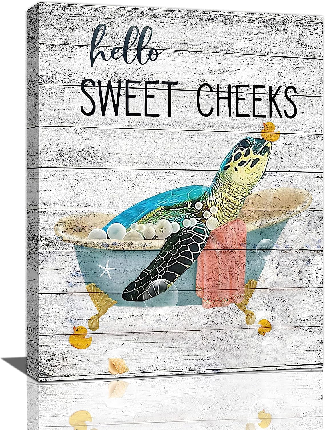 Sea Turtle Bathroom Wall Art Teal Sea Turtle Pictures Wall Decor Funny Sea Turtle in Bathtub Canvas Painting Print Artworks Coastal Beach Themed Ocean Animal Nautical Bathroom Decor Framed 12"x16"