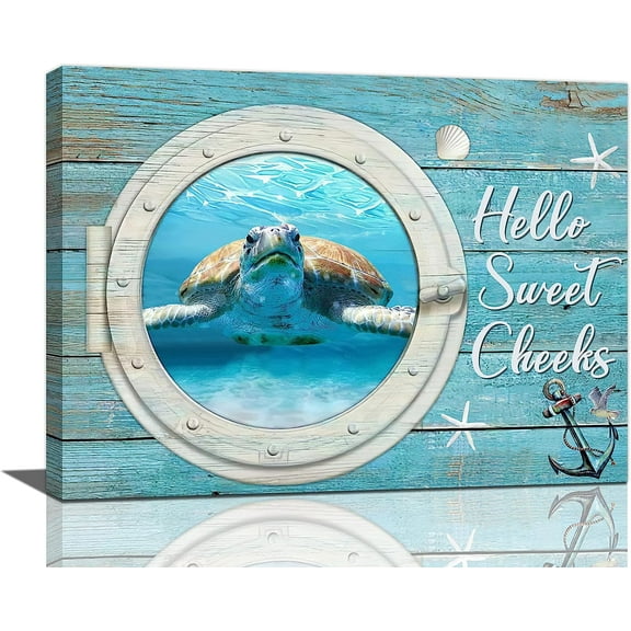 Sea Turtle Bathroom Wall Art Teal Sea Turtle Pictures Wall Decor Funny Sea Turtle in Bathtub Canvas Painting Print Artworks Coastal Beach Themed Ocean Animal Nautical Bathroom Decor Framed 12"x16"