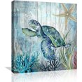 thumbnail image 1 of Sea Turtle Bathroom Wall Decor Modern Canvas Ocean Theme Painting Pictures Art Framed Artwork for Bedroom Home Office Kitchen Rustic Green Decoration Size 14x14, Blue and Green, 1 of 6
