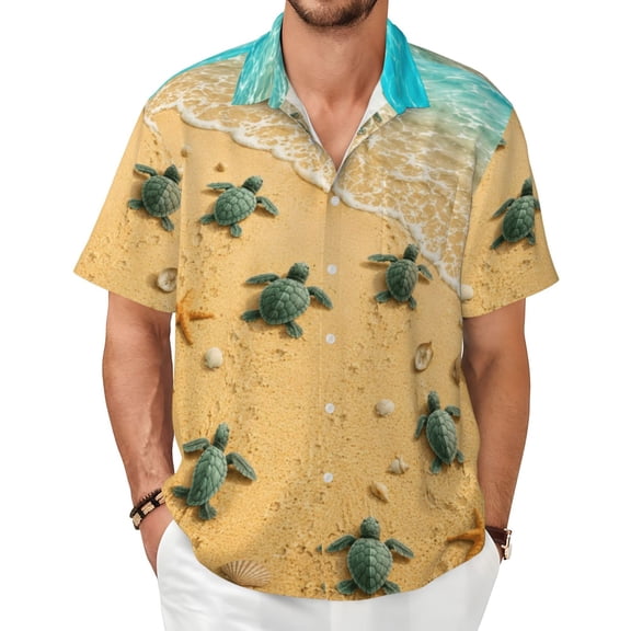 Sea Turtle Beach Men's Shirts Short-Sleeved with All-Over Prints Button-Up Shirts