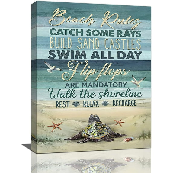 Sea Turtle Beach Rules Decor Wall Art Beach Ocean Starfish Seagull Shell Coastal Blue Pictures Wall Decor Canvas Painting Prints Artwork Home Decorations Framed for Bedroom Bathroom Office 12"x16"