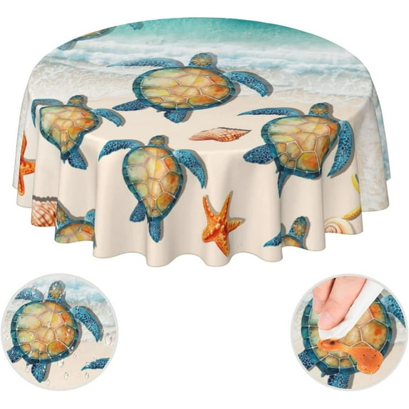 Sea Turtle Beach Starfish Ocean Coastal Waterproof Picnic Patio Party Round Table Cloth Cover Decorations Fabric 60 Inch Circular Tablecloth for 20-47 Inch Home Dining Room Kitchen Decor
