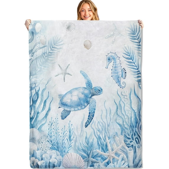 Sea Turtle Beach Throw Blanket,50x60in,Soft,Lightweight Flannel,Serene Underwater Seahorse Blankets - Gifts for Adult & Ocean Lovers,for Couch Office Travel,Home Living Room Decor