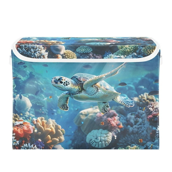 Sea Turtle Beautiful Corals Foldable Storage Bin with Lid and Handle Collapsible Storage Box 16.5 x 12.6 x 11.8 inches