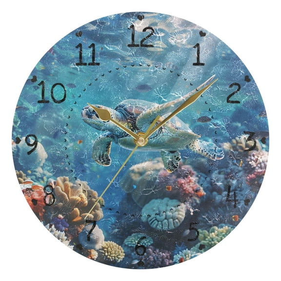 Sea Turtle Beautiful Corals Round Wall Clock Silent Analog Battery Operated Gold Pointer Home Decor 9.84" Diameter