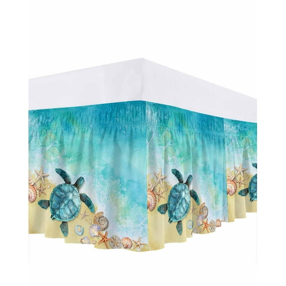 Sea Turtle Bed Skirt King Size 18" Drop Summer Turquoise Ocean Watercolor Shell Conch Ruffled Wrap Around Bed Skirts Adjustable Elastic Bedskirt Dust Ruffle for King Size Bed