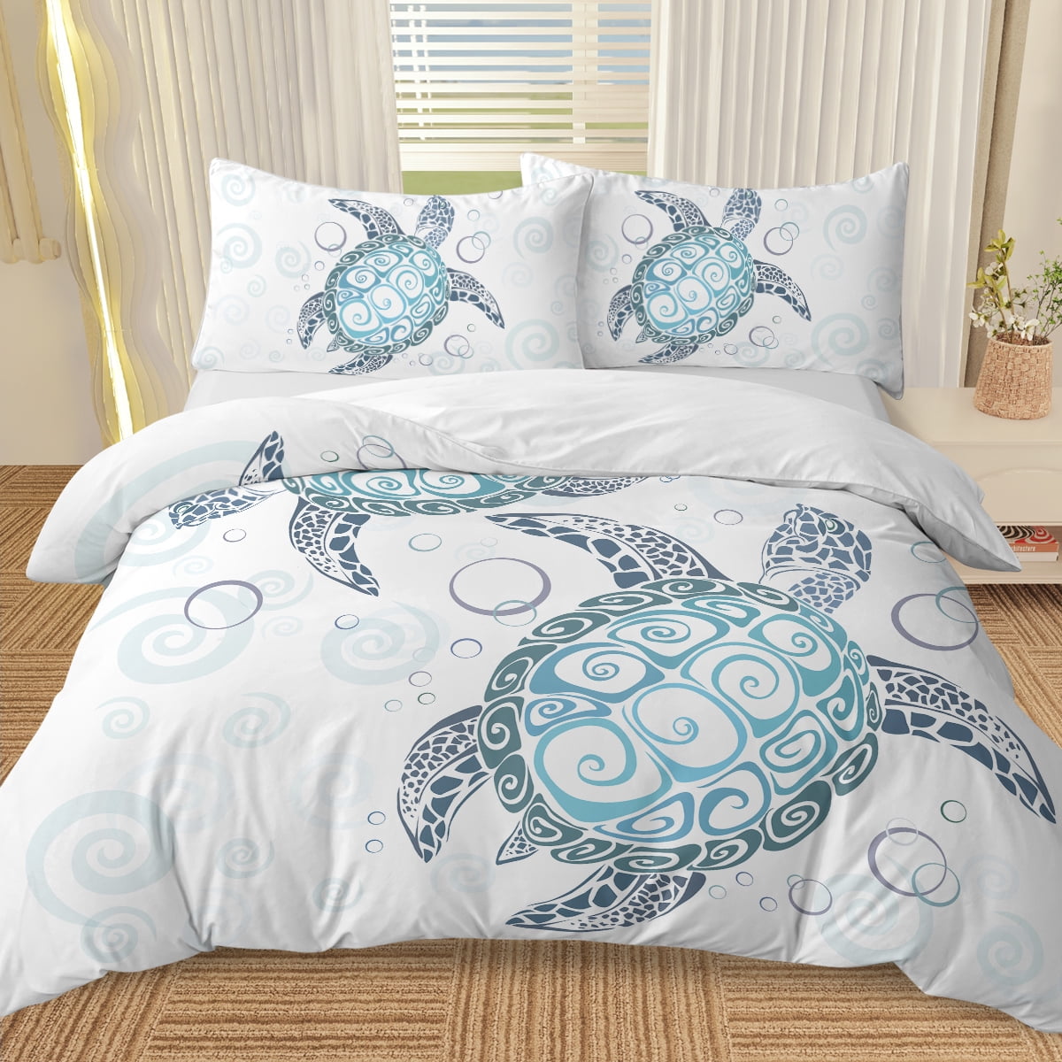 Sea Turtle Bedding Aqua Teal Blue Duvet Cover Sets Beach Turtle Bed Sets Ocean 3 Piece Turtle Themed Comforter Cover with 2 Pillowcases