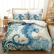 Sea Turtle Bedding, Coastal Beach Themed Bedding Queen Size for Kids Teen Girls Boys Room Decor, Turtle Comforter Cover with 2 Pillowcases