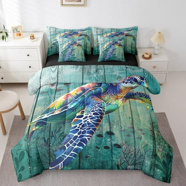 Sea Turtle Bedding Comforter Sets 7-Piece Ocean Animal Bed in a Bag Wild Reptile Queen Bedding Sets Underwater World Comforter Set Vintage Old Barn Door Bedding Sets & Collections