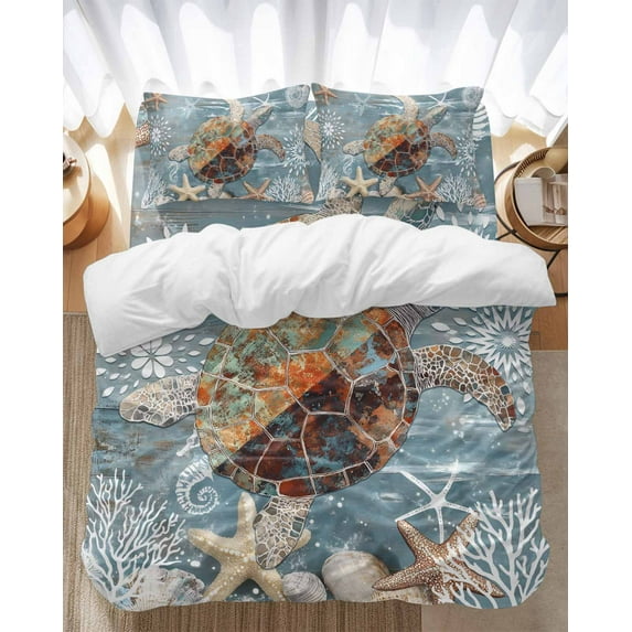 Sea Turtle Bedding Duvet Cover Set Full Size 4 Pieces Coral Starfish Coral Ocean Soft Twill Plush Quilt Cover, Include 1 Duvet Cover 1 Flat Sheet And 2 Pillow