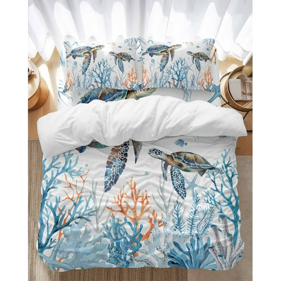 Sea Turtle Bedding Duvet Cover Set Twin Size 4 Pieces Seagrass Coral Starfish Jellyfish Blue Ocean Bedding Set with Zipper Closure, 1 Comforter Cover 68x86 Inches 1 Flat Sheet & 2 Pillow Cases