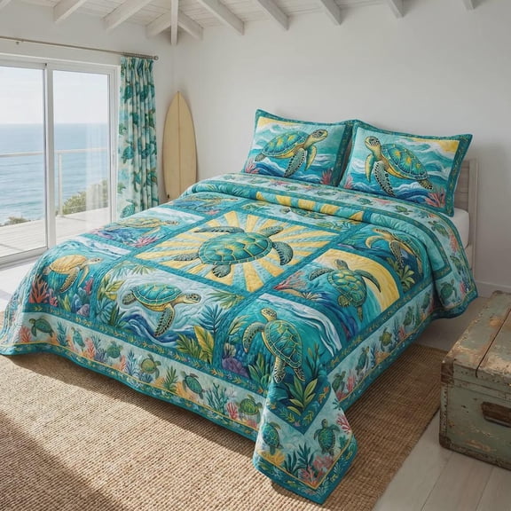 Sea Turtle Bedding Set, Coastal Ocean Bedspread, Beach House Bedroom Decor Gift