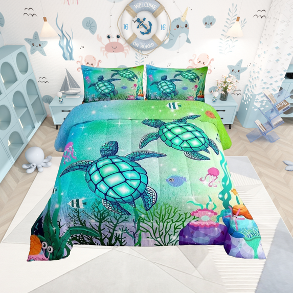Sea Turtle Bedding Set Green Blue Ocean Duvet Insert Twin,Colorful Underwater World Comforter Set ,Nautical Sea Animal Reptile Duvet Filler Under Sea Fish Jellyfish Bedroom Decor