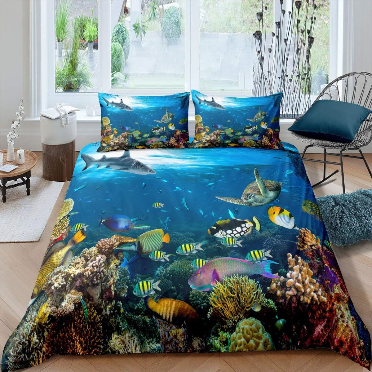 Sea Turtle Bedding Set,Ocean Beach Duvet Cover Set Twin Full Queen King