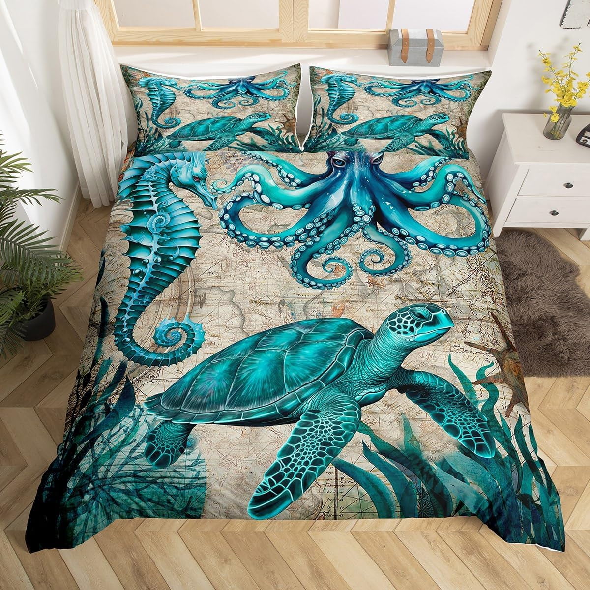 Sea Turtle Bedding Set,Ocean Beach Duvet Cover Set Twin Full Queen King
