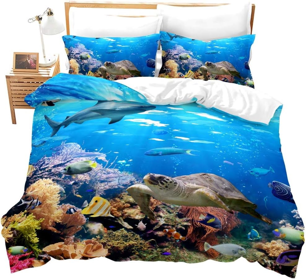 Sea Turtle Bedding Set,Ocean Beach Duvet Cover Set Twin Full Queen King
