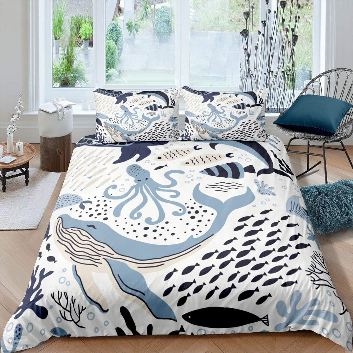 Sea Turtle Bedding Set,Ocean Beach Duvet Cover Set Twin Full Queen King