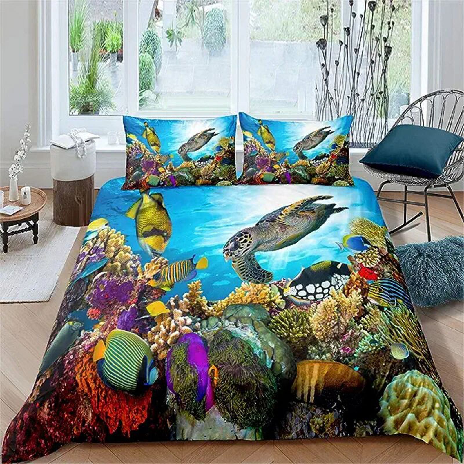 Sea Turtle Bedding Set Ocean Duvet Cover Set Blue Shining Turtle