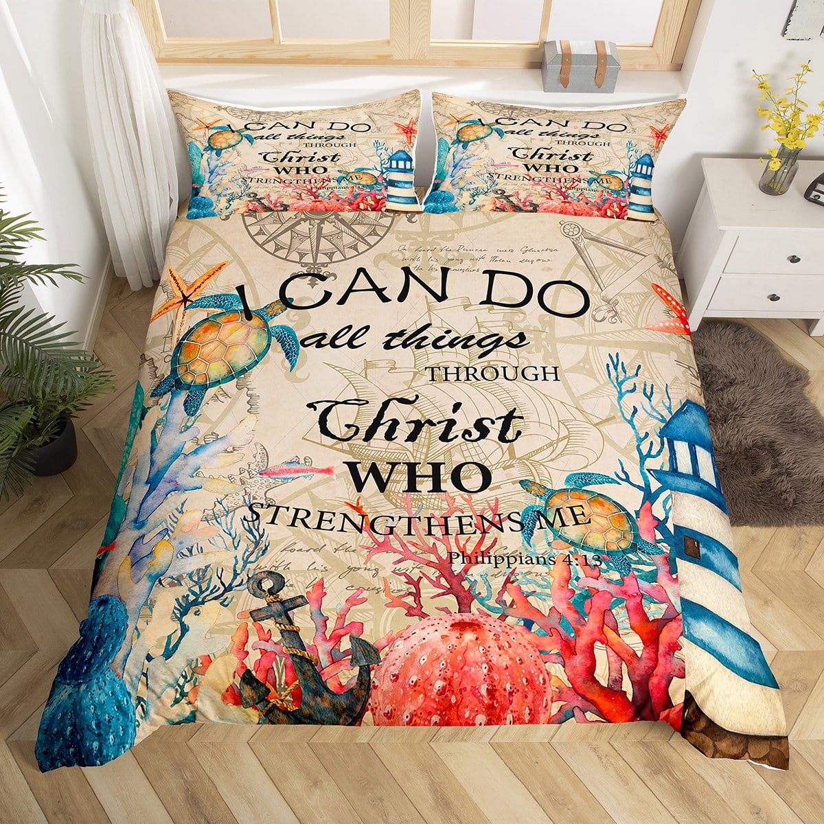 Sea Turtle Bedding Set Queen,Nautical Lighthouse Comforter Cover Ocean