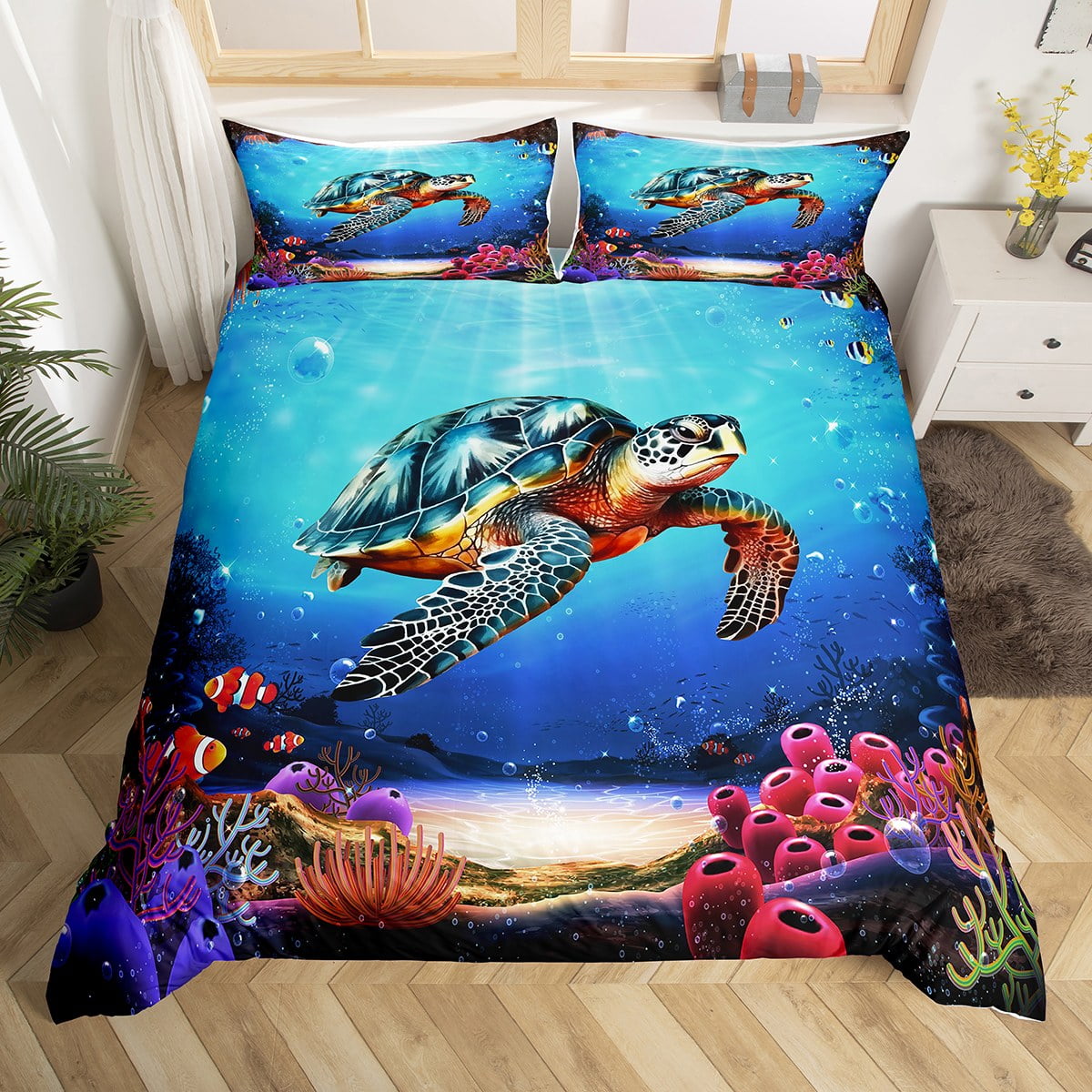 Sea Turtle Bedding Set Underwater World Comforter Cover for Boys