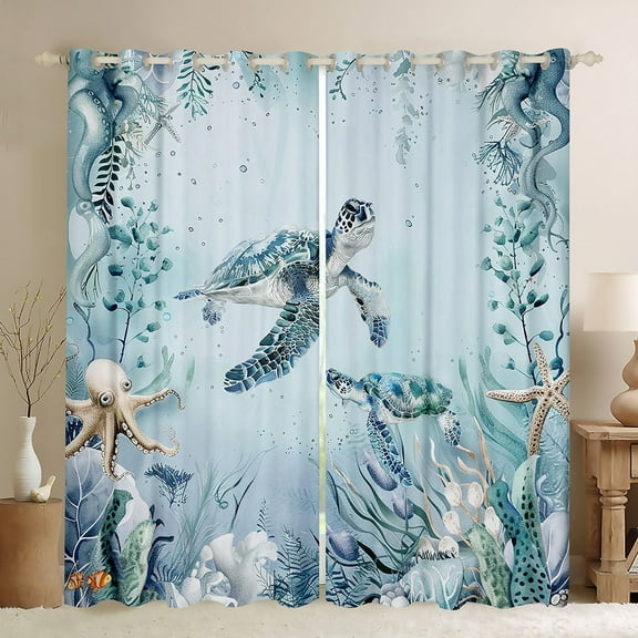 Sea Turtle 30%-50% Blackout Curtains Teal Blue Ocean Beach Coastal Curtains 2 Panels 38"Wx54"L,Starfish Octopus Tentacles Curtains Drapes Underwater Creature Coral Window Curtains