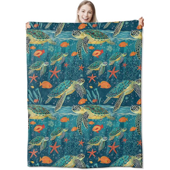 Sea Turtle Blanket - Cozy and Soft Flannel Fleece Sea Turtle Throw Blanket, Lightweight for Couch and Bedding, Travel and Outdoor Sea Turtle Decor Turtle Gifts with Fuzzy Sea Turtle Design 60×50IN