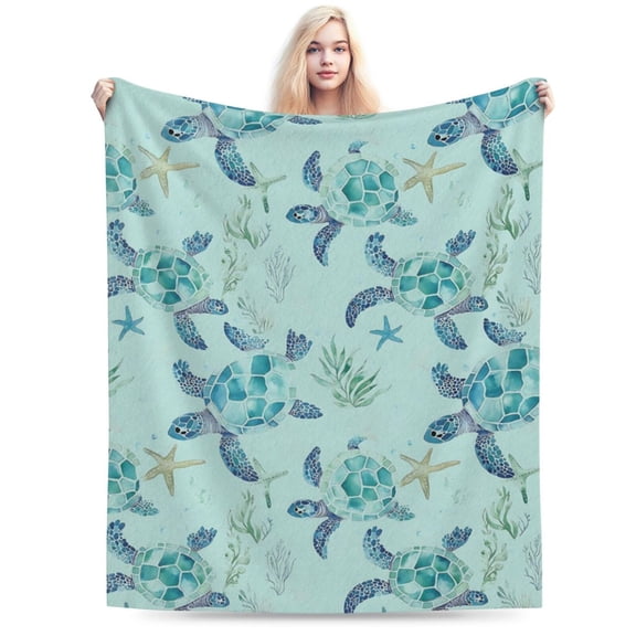 Sea Turtle Blanket - Cute Blue and Green Hues Fleece Throw, 50x40