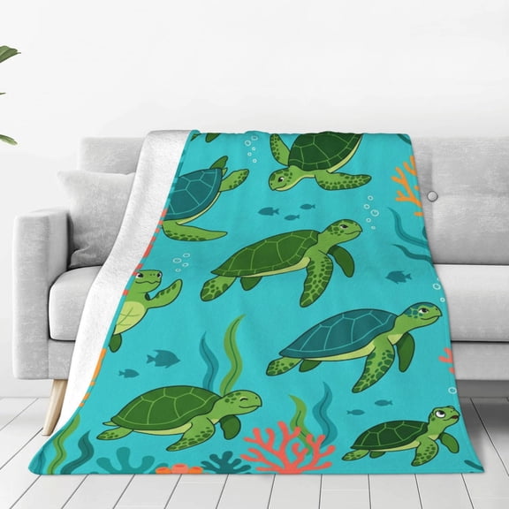 Sea Turtle Blanket, Flannel Ocean Theme Pattern, Couch Throw Blanket, Bed Sofa Blankets 50x40