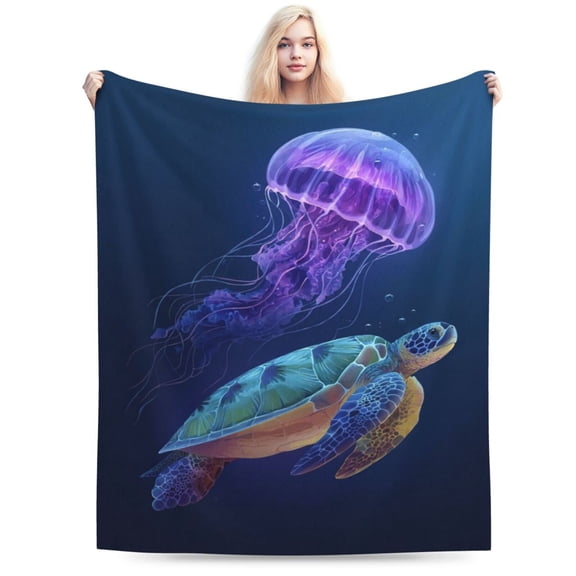 Sea Turtle Blanket Illuminated Jellyfish Art Warm Velvet Plush Throw Oceanic Sanctuary Decor Aquarium Enthusiast Gift 50x40