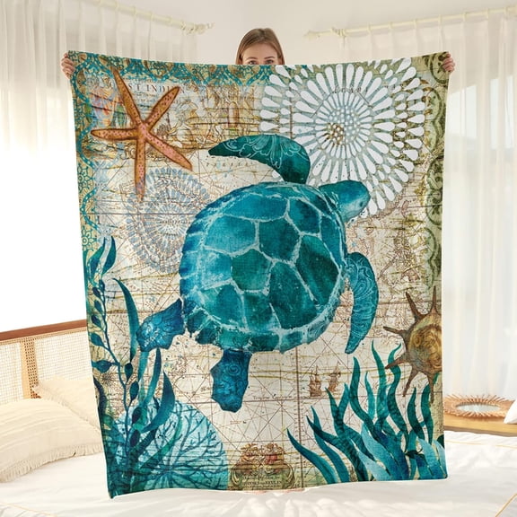 Sea Turtle Blanket Ocean Nautical Gifts for Women Kids Boys Men Dad Mom Adults Halloween Birthday Gift Thanksgiving Easter Decor Coral Reef Plush Flannel Fleece Throw 50"x60"
