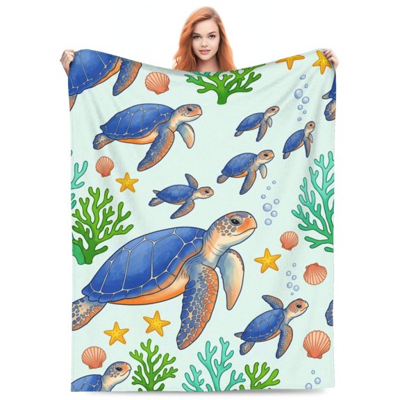 Sea Turtle Blanket, Ocean Themed Flannel Throw, Soft Warm Blanket for Sofa, Couch, Chairs and Bed 50x40