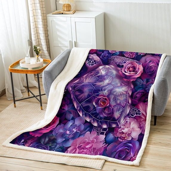 Sea Turtle Blanket Purple Tortoise Throw Blanket 90"x90",Romantic Rose Flowers Fleece Blanket Bohemian Floral Bed Blanket for Sofa Couch Travel Camping Bed Chair