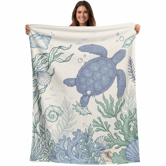 Sea Turtle Blanket Soft Cozy Warm Throw Blanket for Couch, Plush Fuzzy Flannel Fleece Blankets for Sofa, Watercolor Ocean Coral Conch Shell Animal Beige Bed Blankets Lightweight Gifts, 30"x40"
