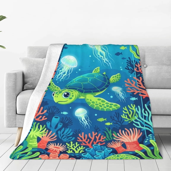 Sea Turtle Blanket - Soft Flannel Coastal Coral Living Room Decor, Cozy Couch Sofa Throw Blanket 50x40