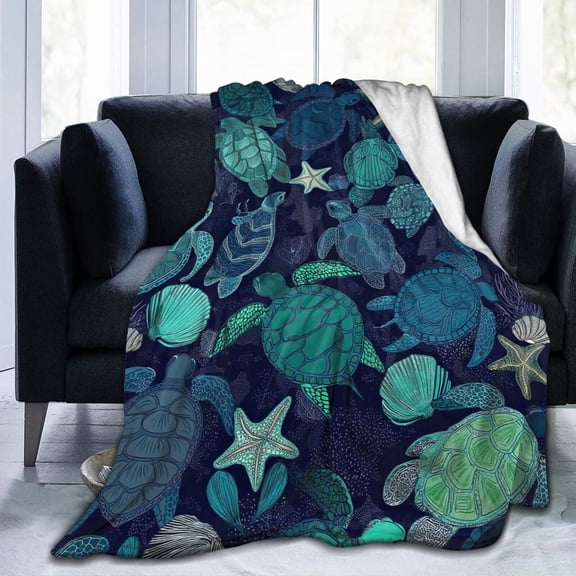 Sea Turtle Blanket Teal Navy Starfish Seashell Ocean Motif Boat Futon Loveseat Reading Chair Throw 80x60