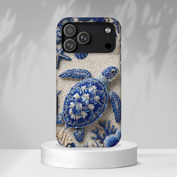 Sea Turtle Blue Ceramic Pattern Tough Phone Case, Dual-Layer Protective Cover for iPhone