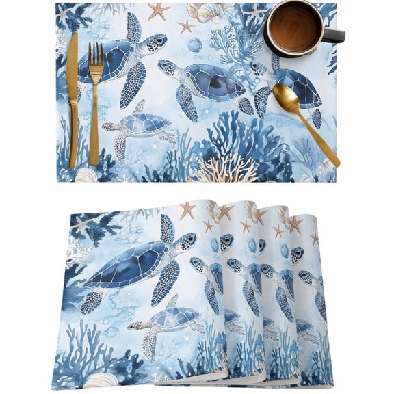 Sea Turtle Blue Coral Placemats Set of 4,Wipeable Washable Table Mats for Dining Tables,Ocean Starfish Conch Underwater World Place Mats for Kitchen Event Party Tabletop Decor