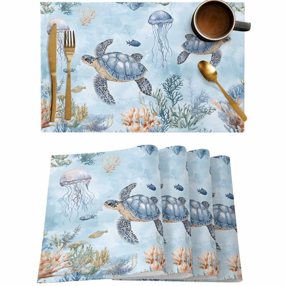 Sea Turtle Blue Ocean Coral Seaweed Placemats Set of 4,Wipeable Washable Table Mats for Dining Tables,Jellyfish Underwater World Place Mats for Kitchen Event Party Tabletop Decor