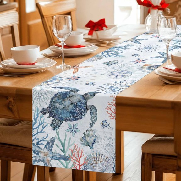 Sea Turtle Blue Ocean Shell Starfish Table Runner 36 Inches Long,Kitchen Dining Tablerunners Coral Marine Life Linen Table Runners Dresser Scarves for Home Dinner Wedding Holiday Party Decor