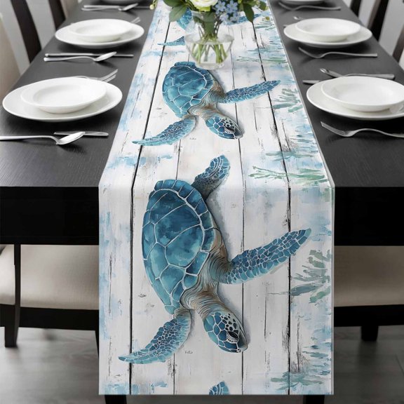 Sea Turtle Blue Table Runner 48 Inches Long, Coastal Ocean Seaweed Wooden Grain Kitchen Coffee Dining Table Decoration for Home Party Birthday Wedding Home Decor 13x48 Inches