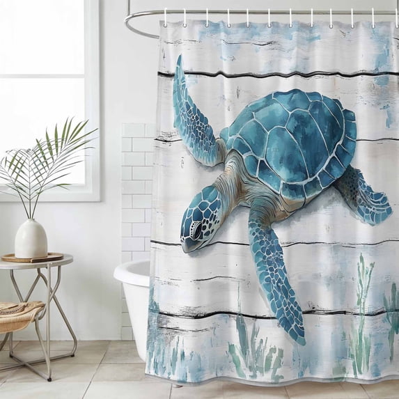 Sea Turtle Blue Waterproof Fabric Shower Curtain,Coastal Ocean Seaweed Wooden Grain Waterproof Fabric Shower Curtain for Bathroom Curtains Bathtubs Shower Curtains with 12 Hooks Extra Long 72x96