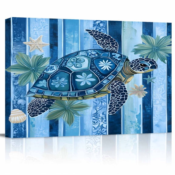 Sea Turtle Canvas Print Wall Art Floral Leaf Retro Blue Stripes Pictures Painting Morden Artwork for Living Room Bedroom, Ready to Hang - 12"x16"