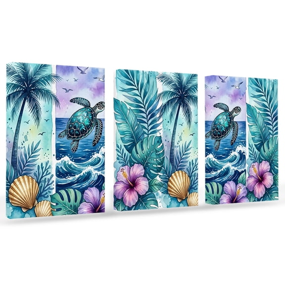 Sea Turtle Canvas Wall Art 3 Panels, Nautical Tropical Ocean Beach Green Tree Leaf Flower Shell Framed Wall Decor Modern Artwork Prints Painting for Living Room, Bedroom, Kitchen Decor 20" x 24"