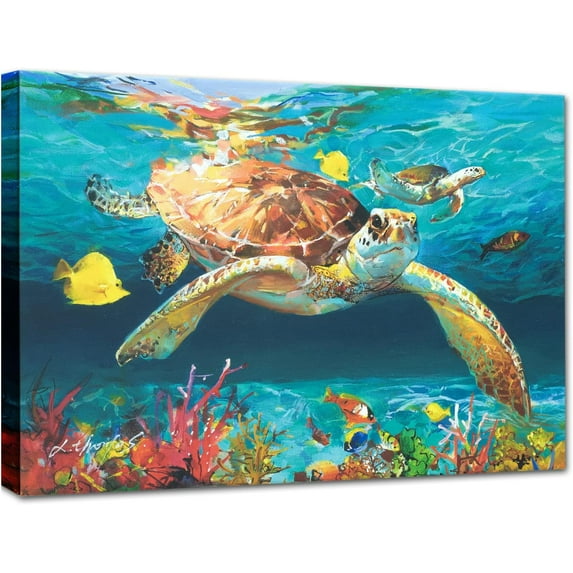 Sea Turtle Canvas Wall Art Bathroom Wall Decor, Beach Decorations for Home Bathroom Bedroom Living Room, Coastal Nautical Decor Framed Artwok 12x16 Inches Ready to Hang