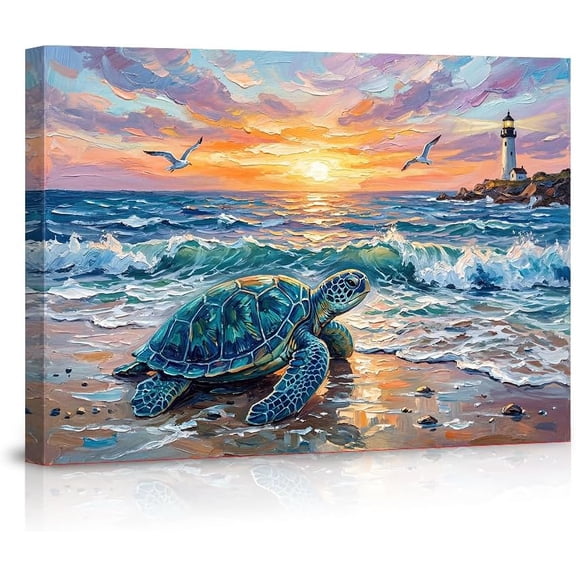 Sea Turtle Canvas Wall Art Beach Sunset Posters Coastal Lighthouse Pictures Ocean Waves Nautical Artwork Impressionist Oil Painting Living Room Bedroom Decor