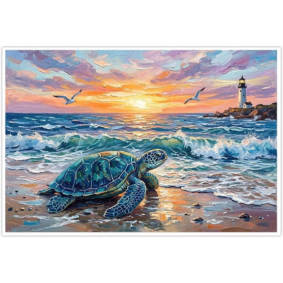 Sea Turtle Canvas Wall Art Beach Sunset Posters Coastal Lighthouse Pictures Ocean Waves Nautical Artwork Impressionist Oil Painting Living Room Bedroom Decor