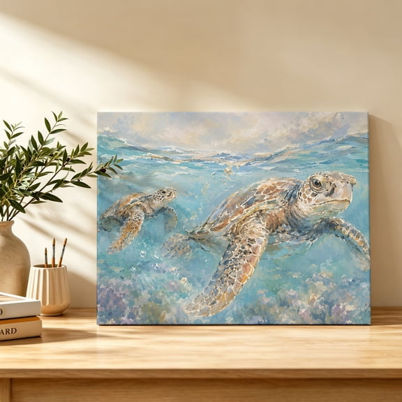 Sea Turtle Canvas Wall Art, Coastal Nautical Tropical Coral Turquoise Ocean Wave Wall Art Prints Artwork Framed Canvas Ready to Hang Art Pictures for Bathroom Bedroom Entry Desk Corner 10" x 8"