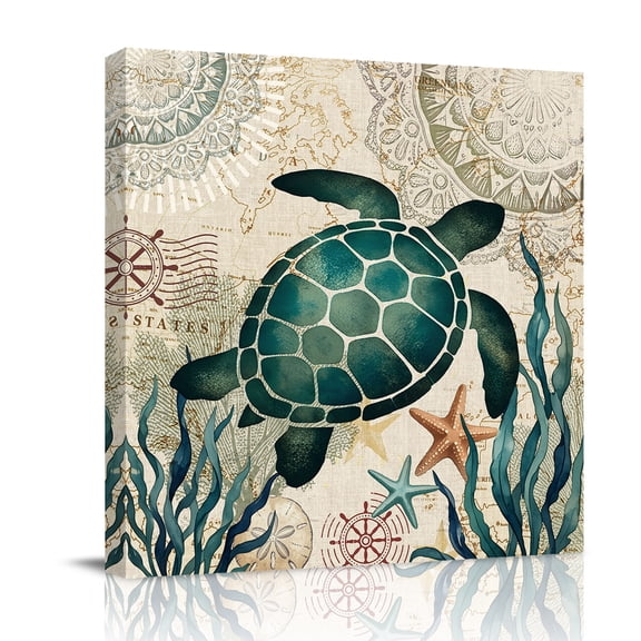 Sea Turtle Canvas Wall Art for Living Room, Boho Summer Green Seaweed Starfish Rustic Mandalas Pattern Poster Print Painting for Bedroom Office Home Decoration Wall Pictures Prepare To Hang 8"x8"