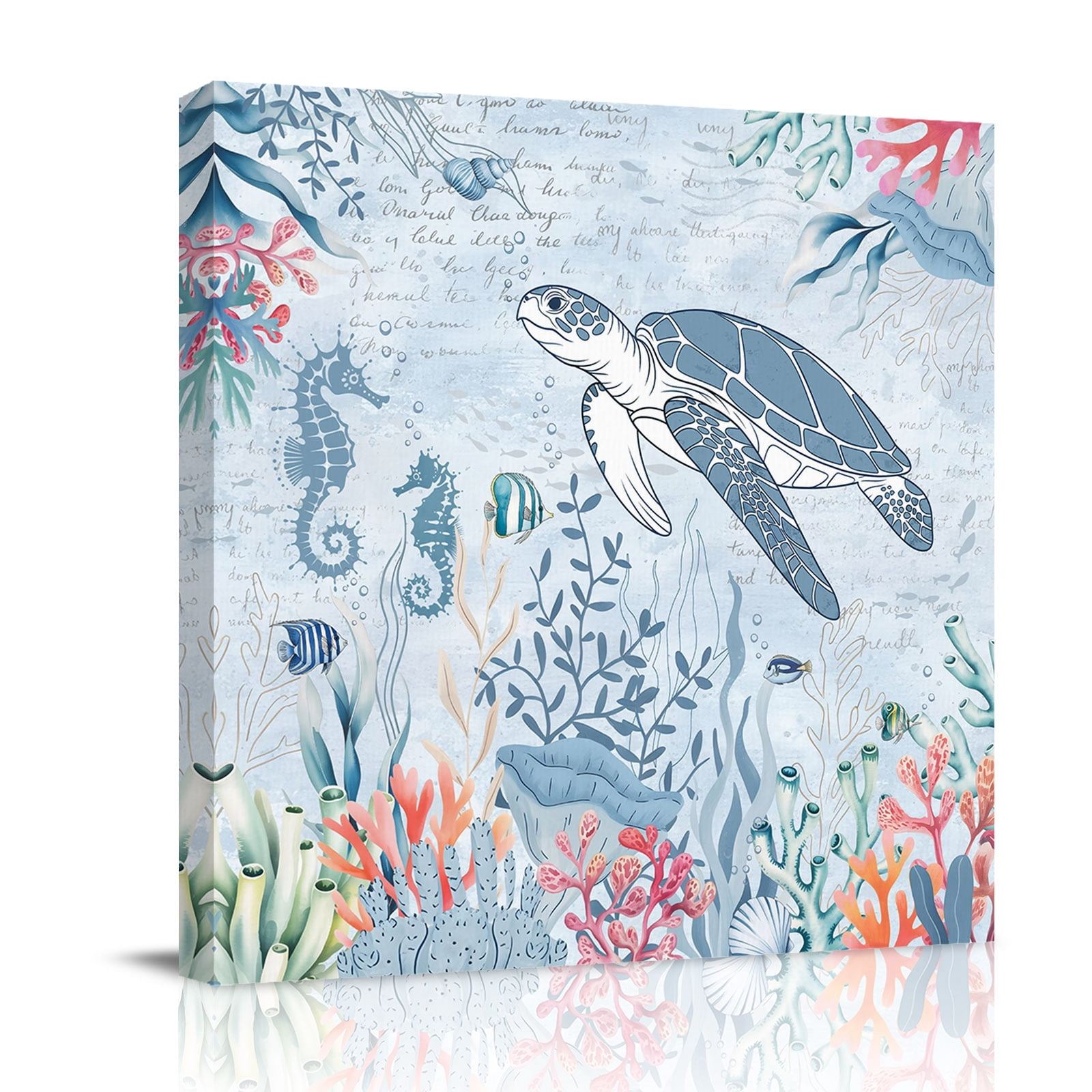 Sea Turtle Canvas Wall Art for Living Room, Watercolor Seaweed Fish ...